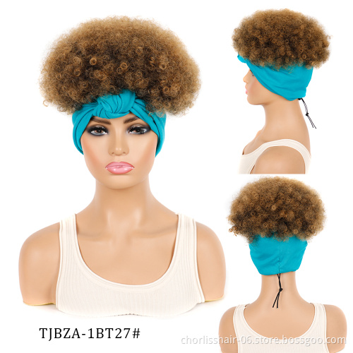 Wholesale Cheap Short Ombre Kinky Curly Fluffy Turban Wigs Wrap Heat Resistant Afro Synthetic Headband Attached Wigs For Women